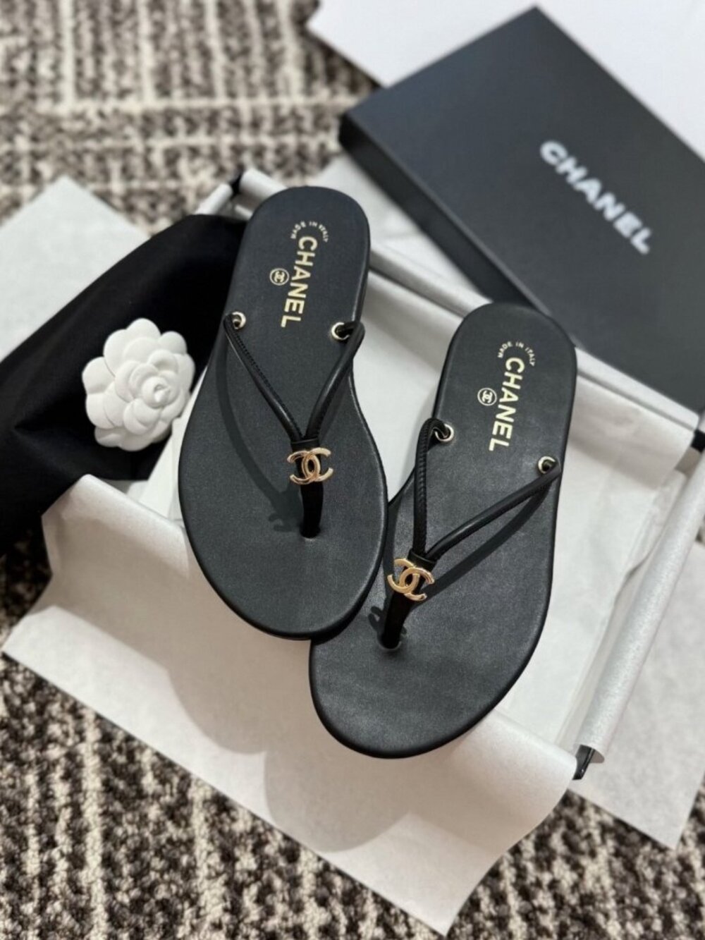 CHANEL Black Leather Flip Flops – Size 38 with Original Box